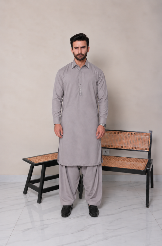 Firdous Men's Charcoal Grey Check Stitched Kameez Shalwar Suit