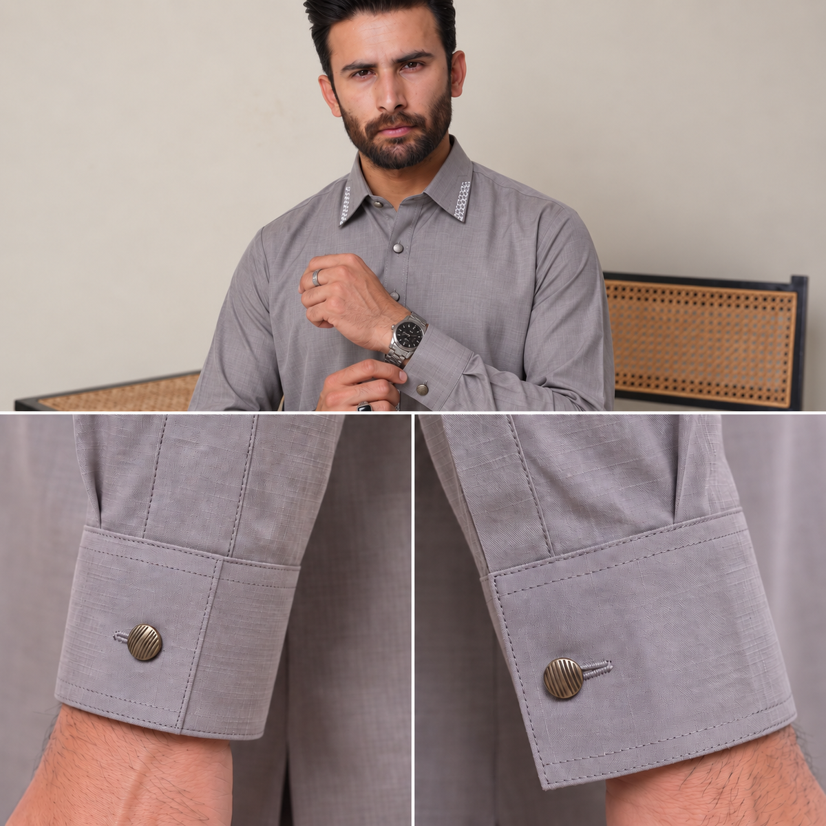 A man wearing a light gray long-sleeve dress shirt with decorative silver studs on the collar and cuff, shown in a three-panel collage with close-up views of the cuff details.