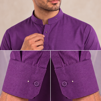 A man wearing a purple corduroy shirt with a mandarin collar and buttoned cuffs, shown in a close-up collage with detailed views of the collar and sleeve construction.