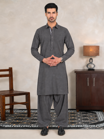 Firdous Men's Charcoal Grey Styling Stitched Kameez Shalwar Suit