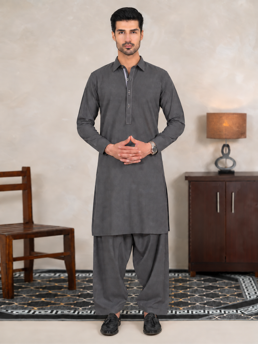 Firdous Men's Charcoal Grey Styling Stitched Kameez Shalwar Suit