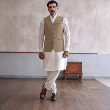 Firdous Men's Classic Khaki Stitched V Neck Premium Waistcoat