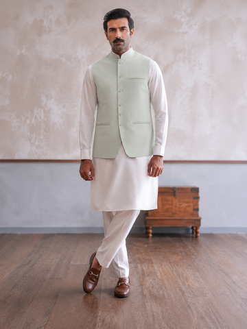 Premium Men's Stitched Waistcoat – Soft Sage Green MWC-006