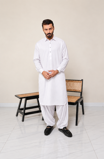 Firdous Men's White Premium Stitched kameez Shalwar Suit