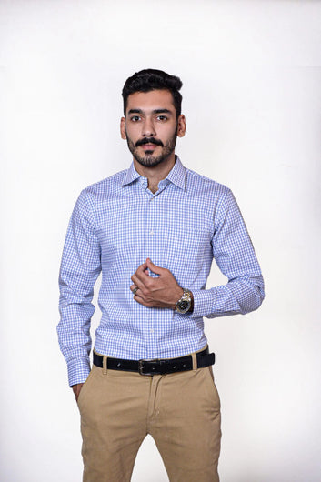 Firdous Blue & White Check Men’s Formal Shirt Cotton