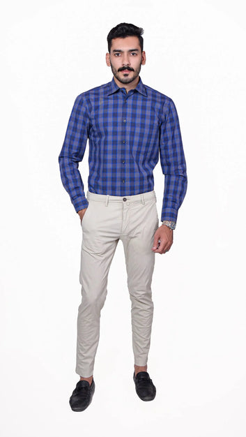 Firdous Blue  &  Grey Check Men’s Formal Shirt Cotton