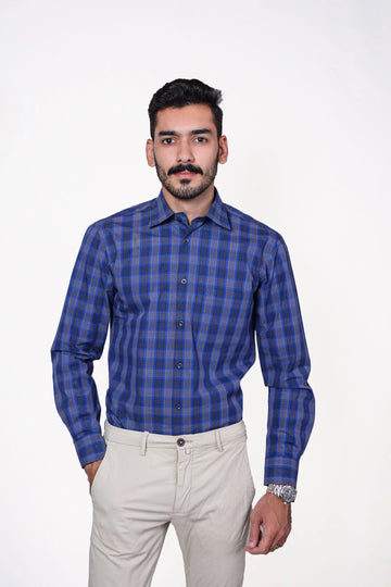 Firdous Blue  &  Grey Check Men’s Formal Shirt Cotton