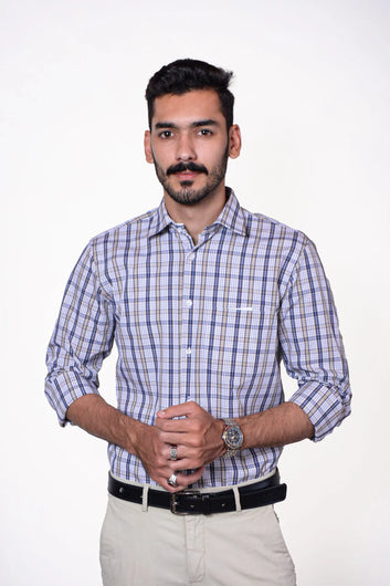 Firdous Blue & Grey Check Men’s Formal Shirt Cotton