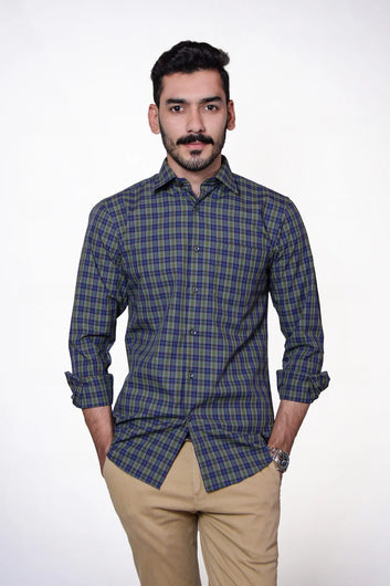 Firdous Blue & Green Check Men’s Formal Shirt Cotton