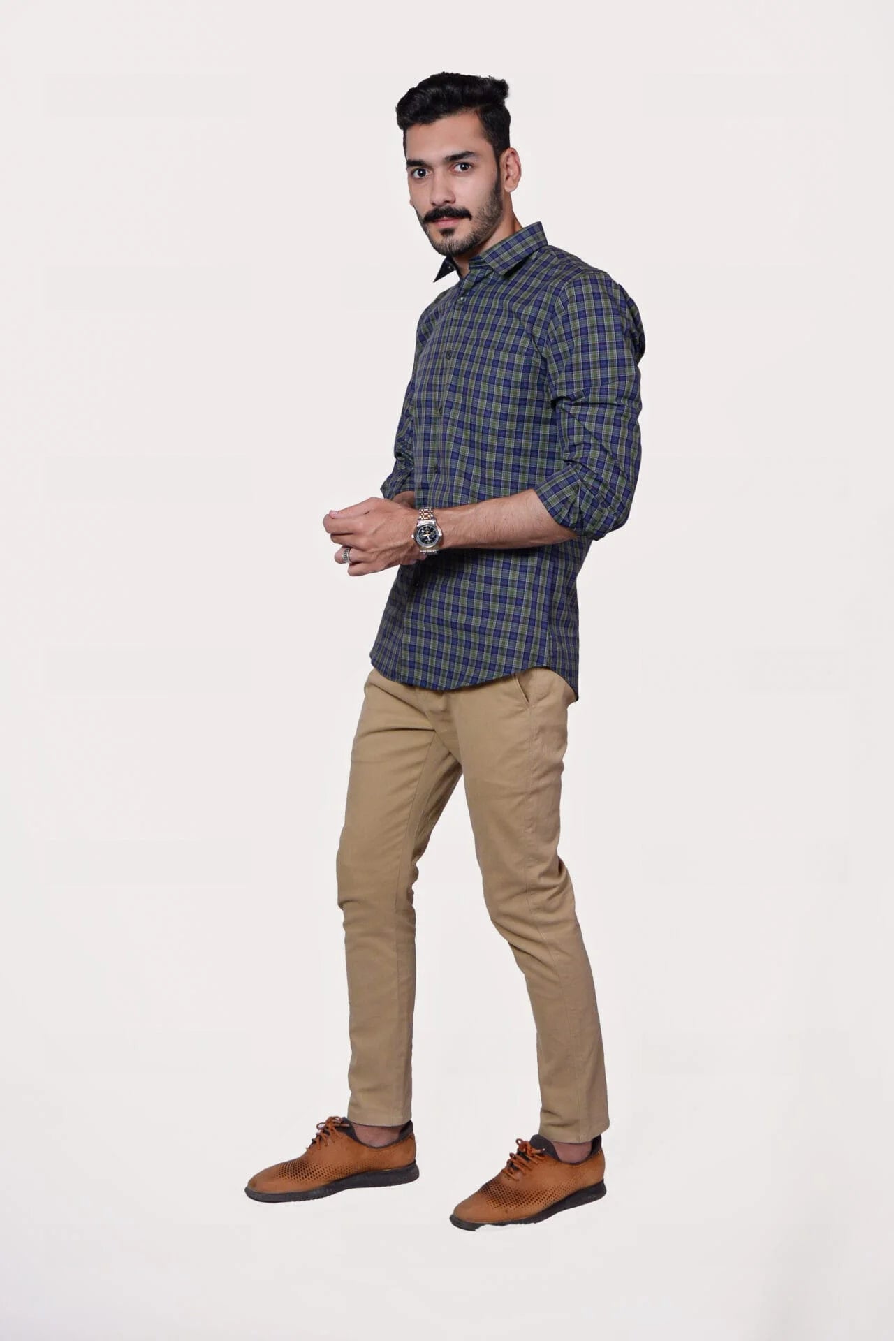 Firdous Blue & Green Check Men’s Formal Shirt Cotton