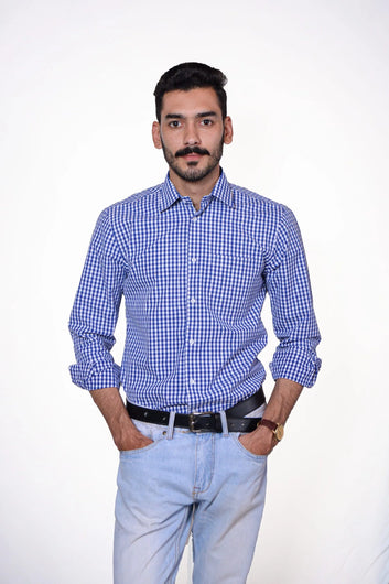 Firdous Blue & White Check Men’s Formal Shirt Cotton