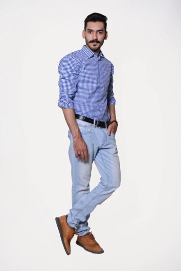 Firdous Blue & White Check Men’s Formal Shirt Cotton