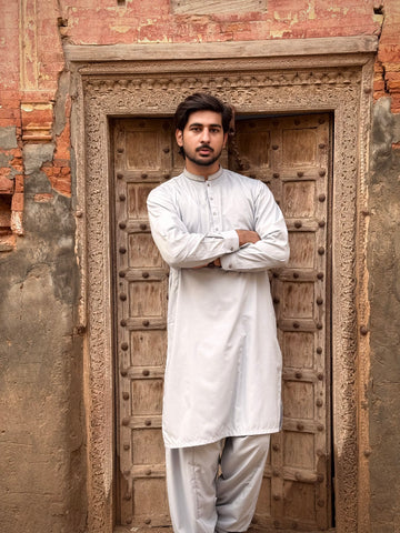 Firdous Men's Light Grey Embroidered Collar Stitched Kurta Shalwar Suit