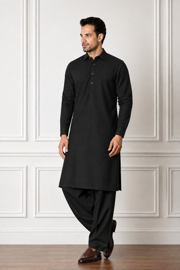 Firdous Men's Black Styling Stitched Kameez Shalwar Suit