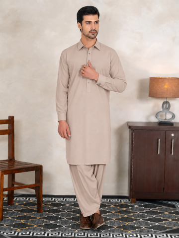 Firdous Men's Stone Beige Stitched kameez Shalwar Suit