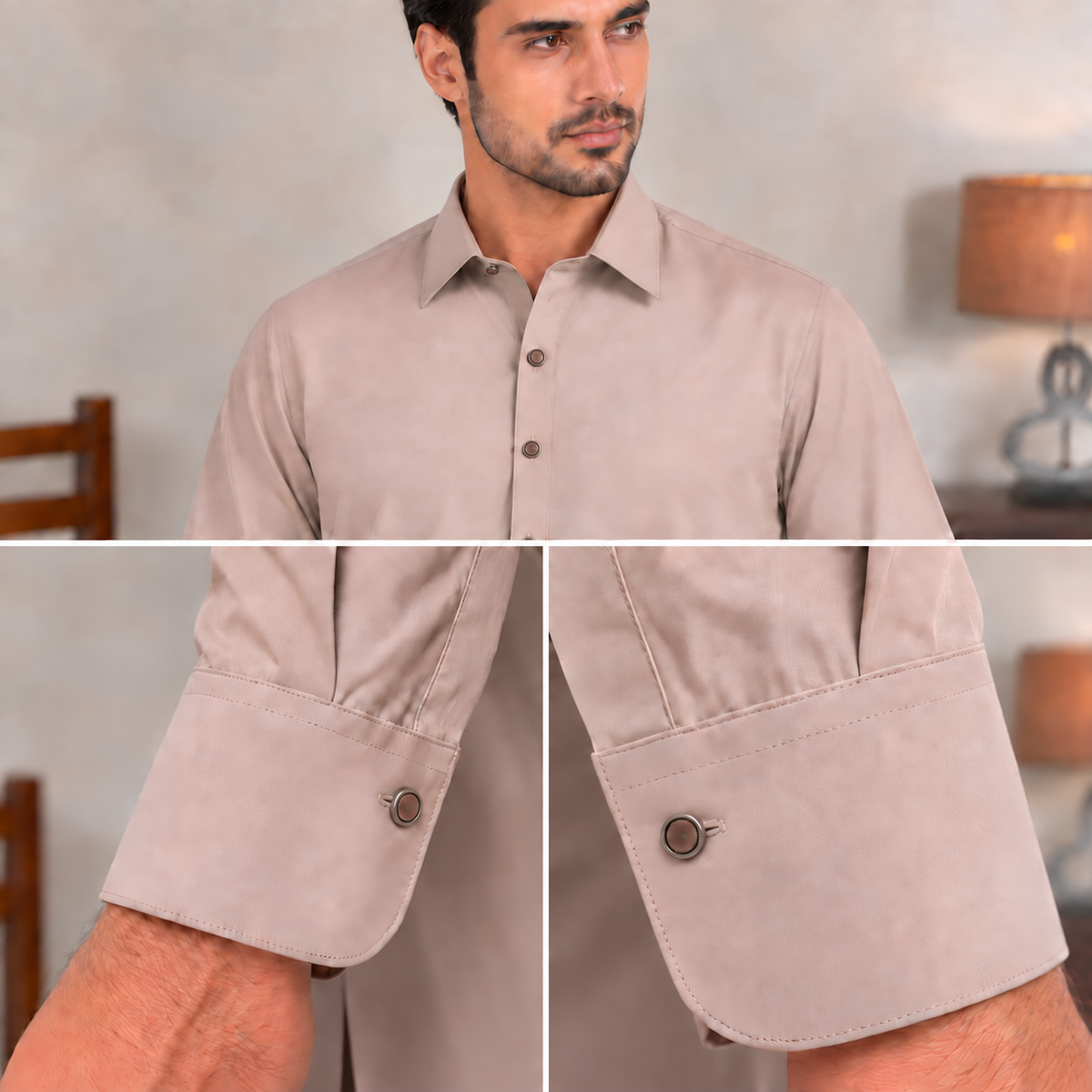 A man wearing a light beige long-sleeve button-up shirt, shown in a three-panel collage with a main torso view and two close-up views of the sleeve cuff and button detail.