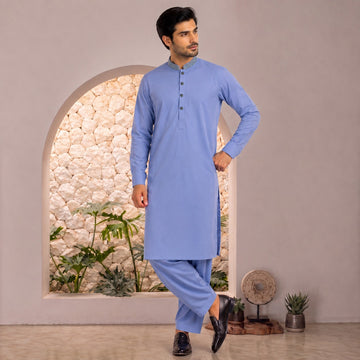 Men's  Blue Embroidered Collar Stitched Suit FMTP