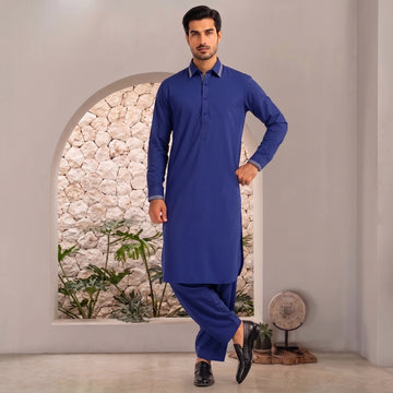 Men's Royal Blue Check Trim Kurta Set  FMTP:22