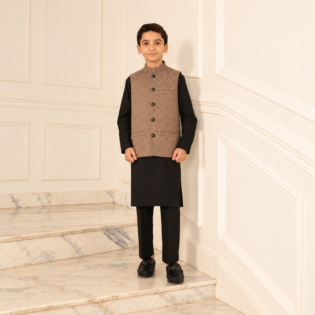 Firdous Kids Brown Stitched Premium Waistcoat