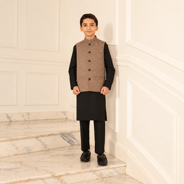 Firdous Kids Brown Stitched Premium Waistcoat