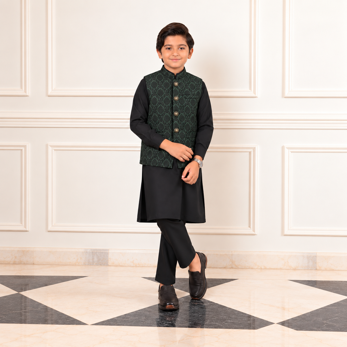 Firdous Kids Green Stitched Premium Waistcoat