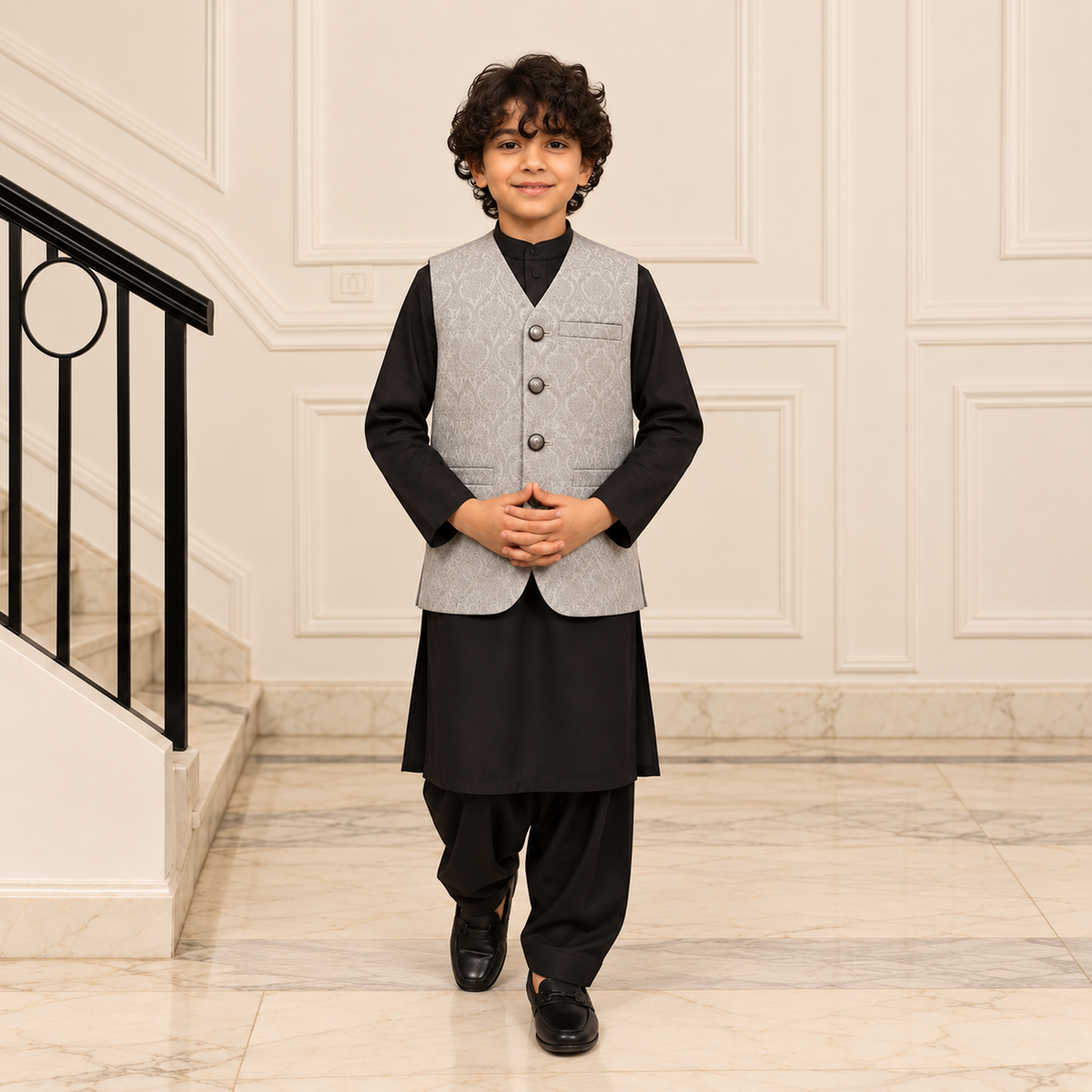 Firdous Kids Silver Stitched Premium Waistcoat