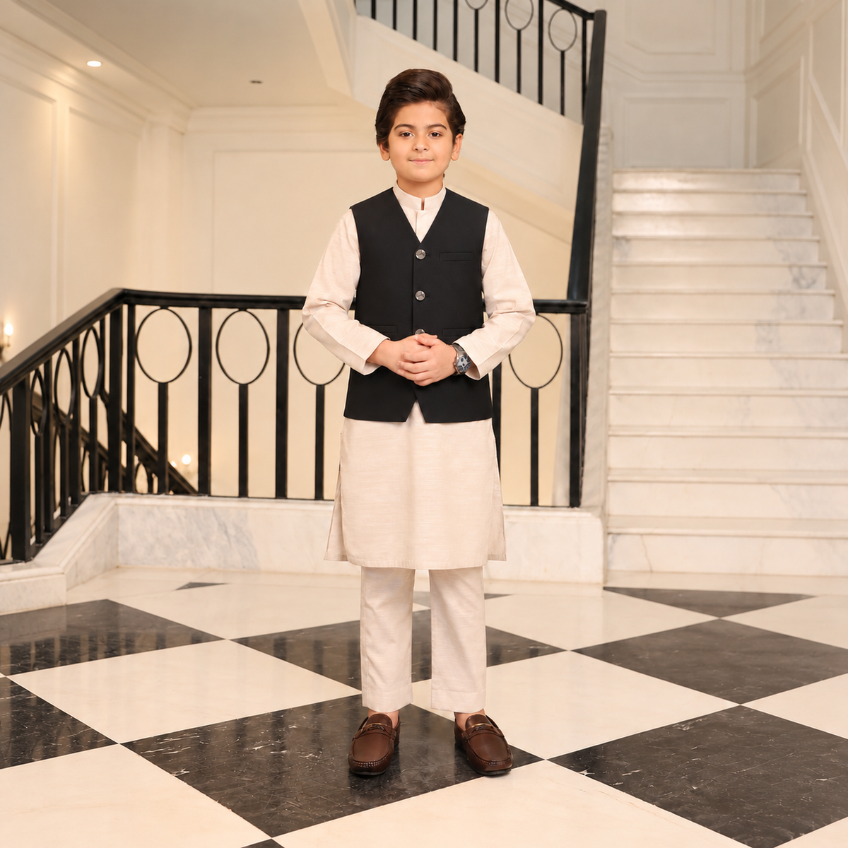 Firdous Kids Black Stitched Premium Waistcoat