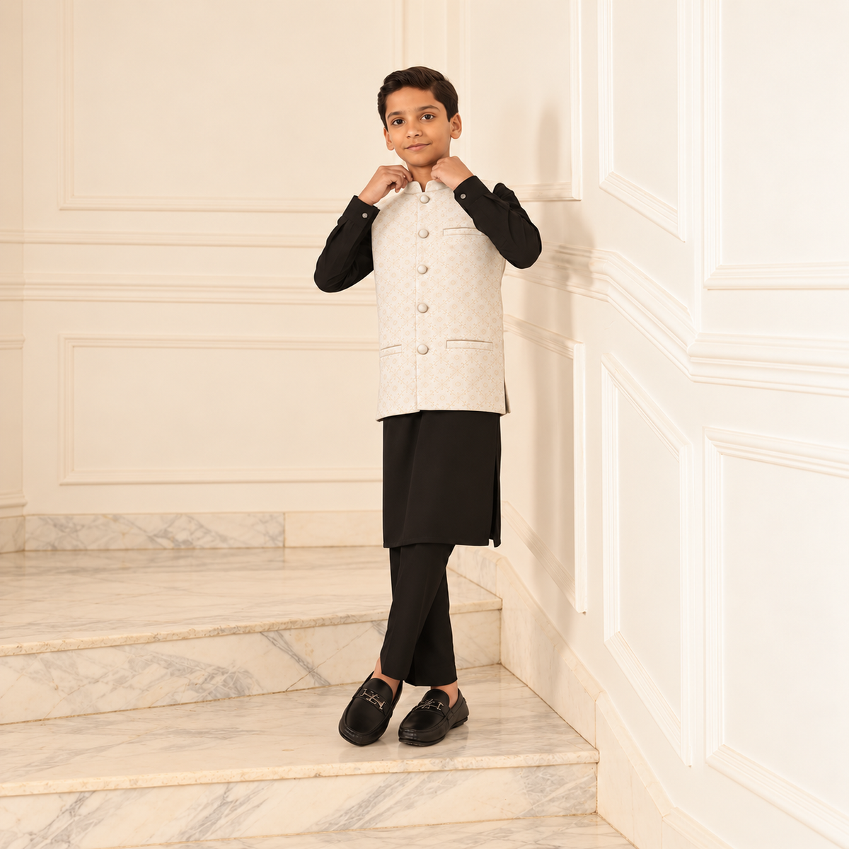 Firdous Kids White Stitched Premium Waistcoat